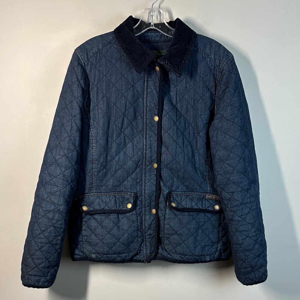 Vintage Lauren Jeans Co Blue Denim Chore Barn Coat quilted Plaid Lined Size L